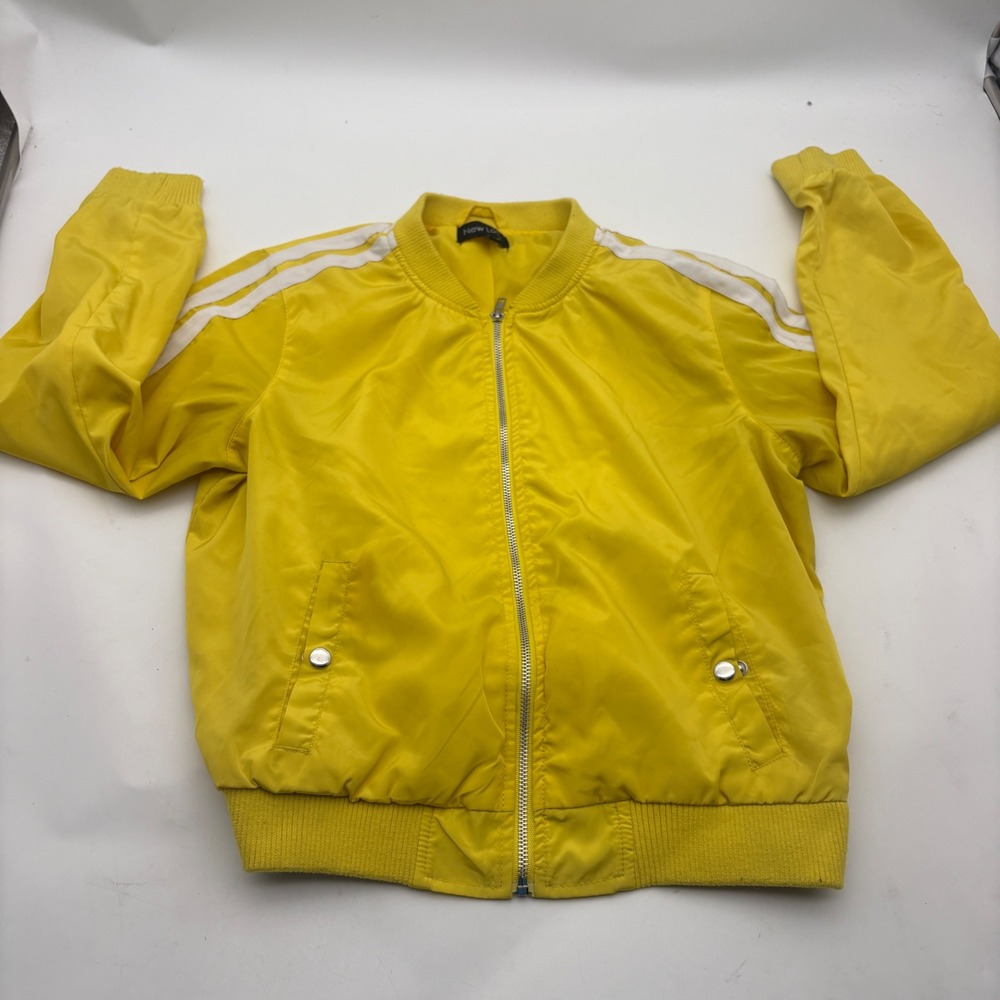 New Look Yellow Bomber Jacket White Racing Stripes Size L Sporty Zip Up